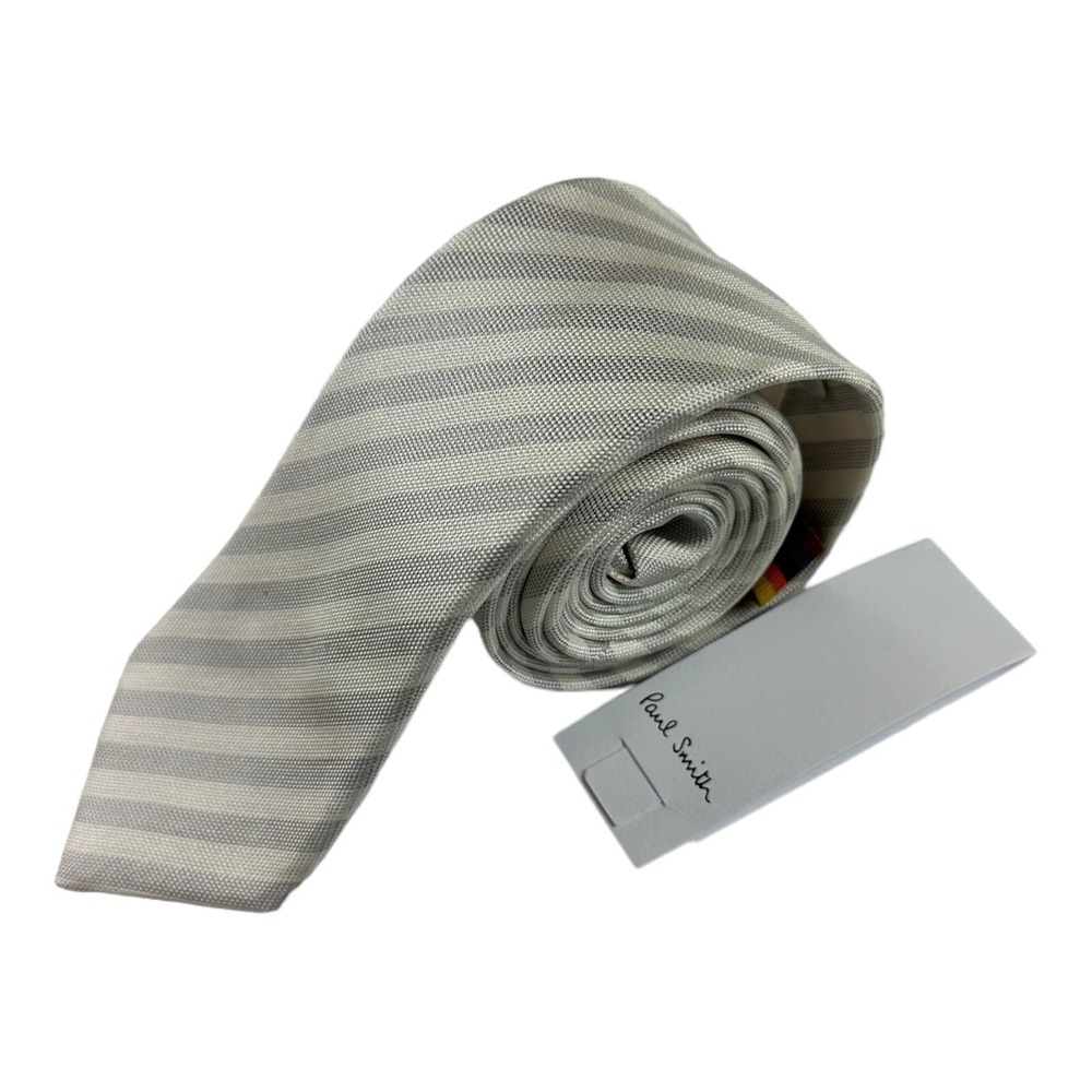 Paul Smith Mens Cream Gray Striped Pure Silk Narrow Tie 2.5 Inch M1A-765L-A40719